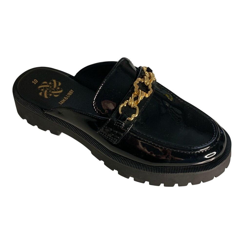 Sam & Libby Black Mules with Gold Chain